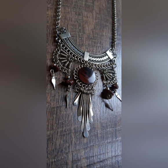 Bohemian Silver and Tiger Eye Necklace and Earring Set - Picture 2 of 6